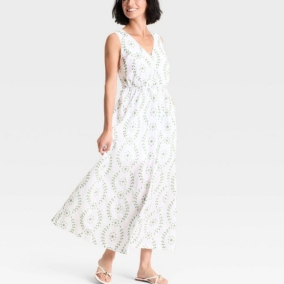 A New Day Women's White & Green Embroidery Maxi Sleeveless Dress Size XL NWT - Picture 3 of 7
